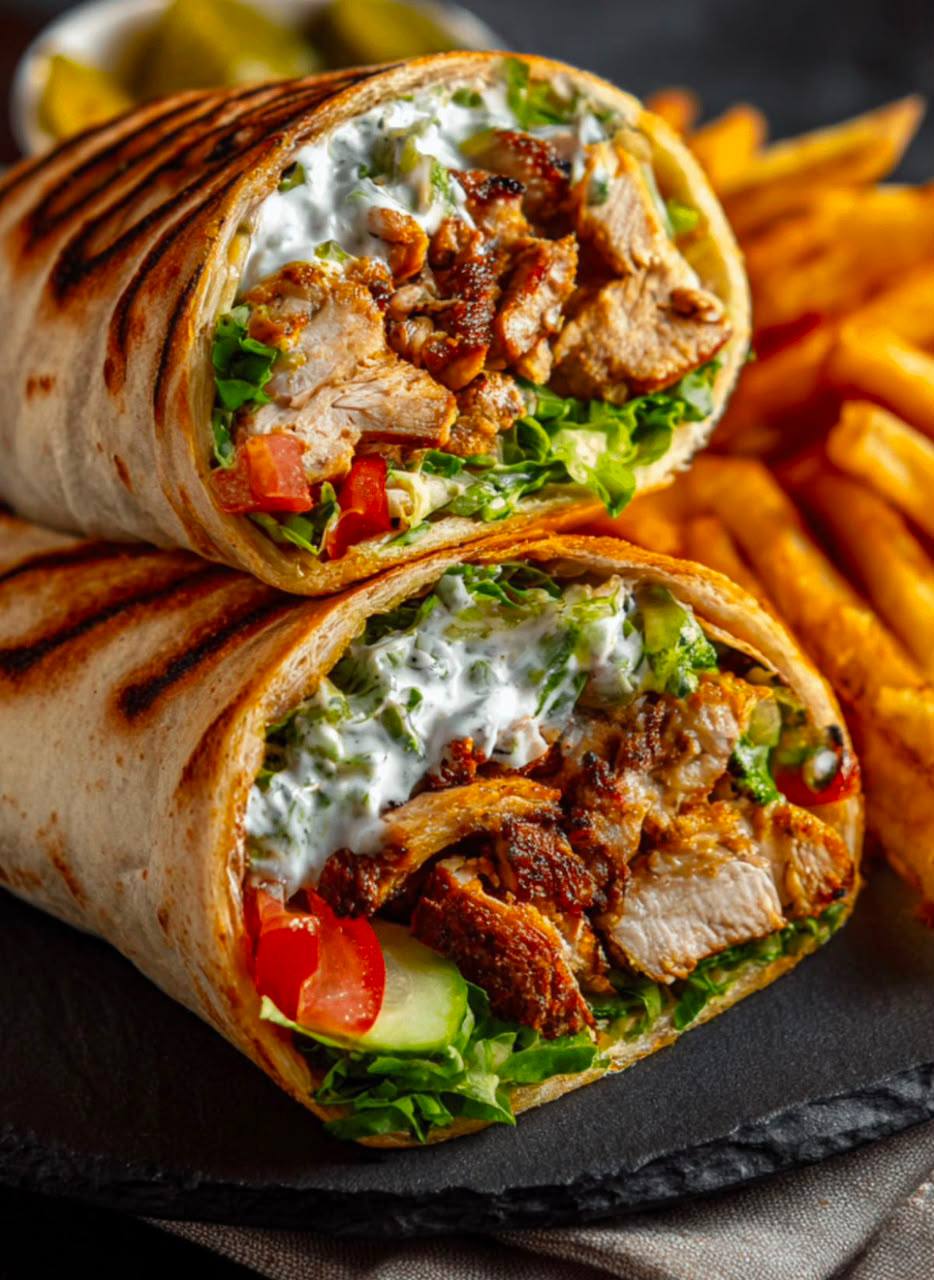 Loaded chicken shawarma wrap with fries